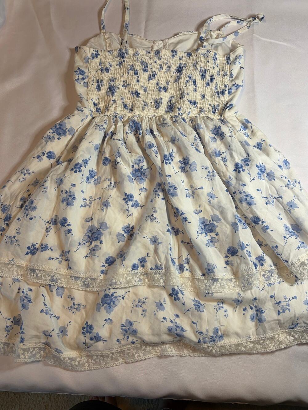 Blue Floral Cottagecore Smocked Tiered Lace Trim Sundress Women’s Small
